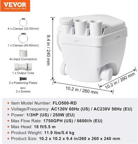 VEVOR Utility Sink Pump, 1/3 HP, 120-Volt, 1750 GPH Flow, 18 ft Head, Under-Sink Sump Pump System with Copper Wire Motor, Heavy-Duty Utility/Laundry Sink Pump, Drain Pump with 1-1/2" Outlet, White in Kuwait