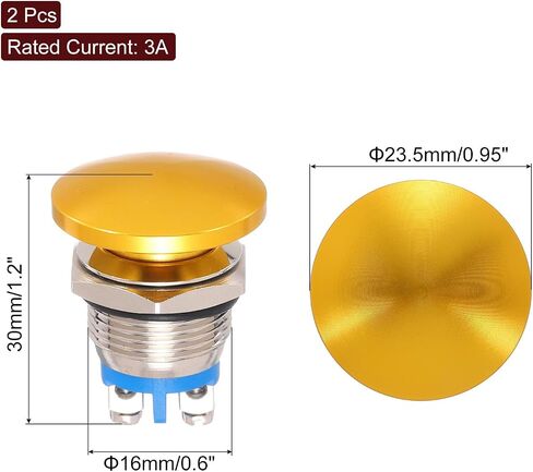 MECCANIXITY 2PCS 3A 16MM 5/8" Momentary Mushroom Head Push Button Switch 12V 24V 120V 250V AC Gold 1NO Waterproof IP65 SPST Domed Round 2 Screw Foot Button Switch in Saudi Arabia