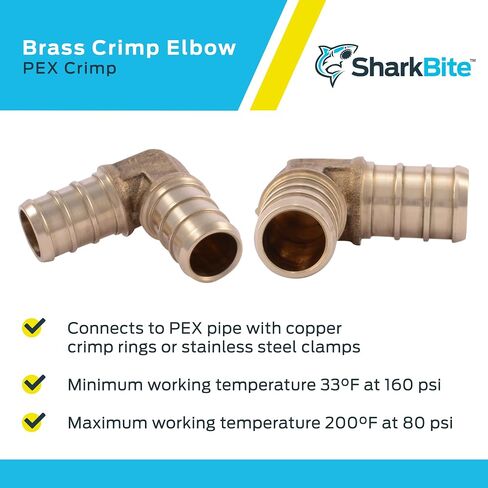 SharkBite 1/2 Inch Crimp 90 Degree Elbow, Pack of 10, Brass Plumbing Fitting, PEX Pipe, PE-RT, UC248LFA10. in Saudi Arabia