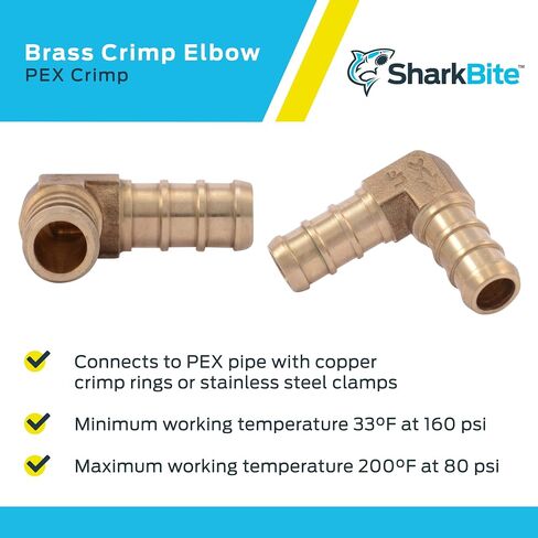 SharkBite 1/2 Inch Crimp 90 Degree Elbow, Pack of 10, Brass Plumbing Fitting, PEX Pipe, PE-RT, UC248LFA10. in Saudi Arabia