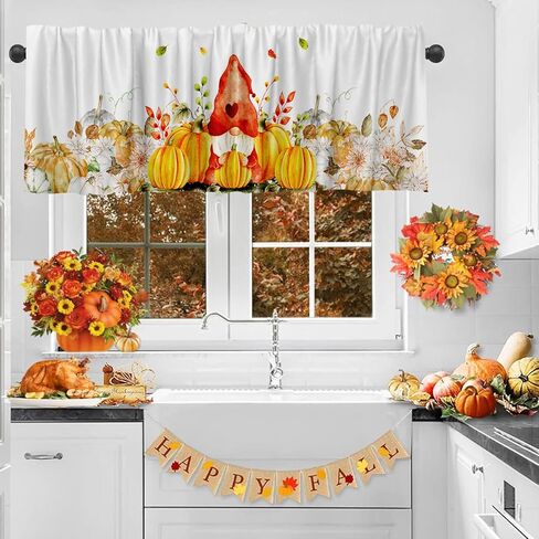 54x18 Inches Thanksgiving Pumpkin Gnome Window Treatment Valance Harvest Autumn Short Curtain Kitchen Bathroom Living Room Decorations Polyester Rod Pocket in Saudi Arabia
