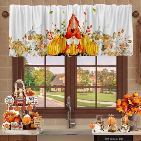 54x18 Inches Thanksgiving Pumpkin Gnome Window Treatment Valance Harvest Autumn Short Curtain Kitchen Bathroom Living Room Decorations Polyester Rod Pocket in Saudi Arabia