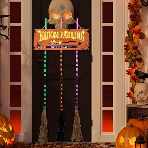 Pop Clap Halloween Decorations Door Broom Parking Sign Purple LED Lights Witches Broom Hocus Pocus for Porch Front Indoor Outdoor Hanging Wall Decor in Saudi Arabia