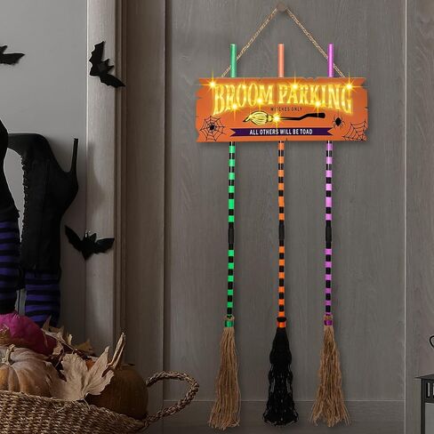 Pop Clap Halloween Decorations Door Broom Parking Sign Purple LED Lights Witches Broom Hocus Pocus for Porch Front Indoor Outdoor Hanging Wall Decor in Saudi Arabia