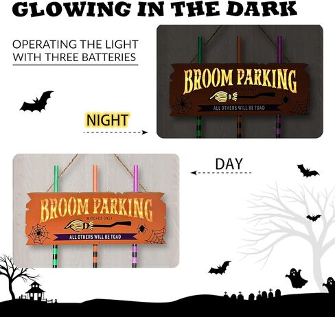 Pop Clap Halloween Decorations Door Broom Parking Sign Purple LED Lights Witches Broom Hocus Pocus for Porch Front Indoor Outdoor Hanging Wall Decor in Saudi Arabia