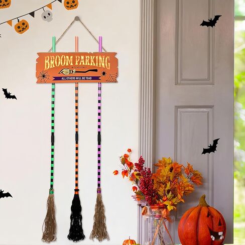 Pop Clap Halloween Decorations Door Broom Parking Sign Purple LED Lights Witches Broom Hocus Pocus for Porch Front Indoor Outdoor Hanging Wall Decor in Saudi Arabia
