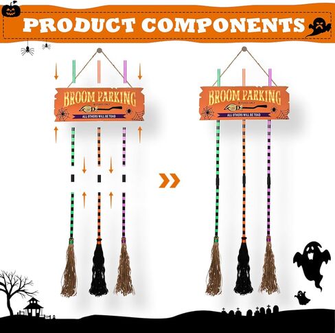 Pop Clap Halloween Decorations Door Broom Parking Sign Purple LED Lights Witches Broom Hocus Pocus for Porch Front Indoor Outdoor Hanging Wall Decor in Saudi Arabia