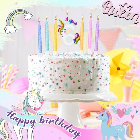 يونيكورن عيد ميلاد عدد شمعة معكرون يونيكورن كعكة توبر الديكور مع 12 قطعة قوس قزح دوامة شموع عيد ميلاد مع حامل لطفلة صبي عيد ميلاد يونيكورن موضوع الطرف (رقم 3) in Kuwait