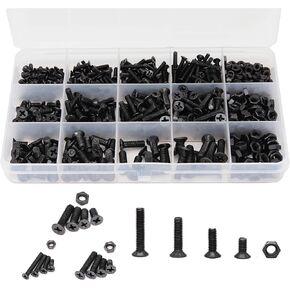 cSeao 570pcs Flat Phillips Countersunk Head M3 M4 M5 Black Screws Hex Nuts Assortment Kit Carbon Steel