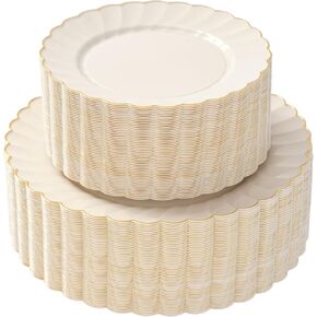 By Madee HEAVYWEIGHT 100 Ivory Scalloped Plastic Plates with Gold Trim | 50 Dinner Plates & 50 Dessert Plates | High End Disposable Plates | Nice Plastic Plates for Party | Gold Rimmed Plastic Plates