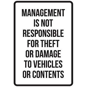 New Metal Sign Aluminum Sign Management is Not Responsible for Theft Or Damage to Vehicles No Parking Business Safety Sign Black Room Plaque Sign for Outdoor & Indoor 8"x12"