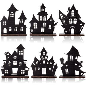 YLOLUL 6 Pcs Halloween Tabletop Wooden Centerpiece Decorations, Wood Haunted House Table Decor, Halloween Themed Haunted House Detachable Table Centerpiece