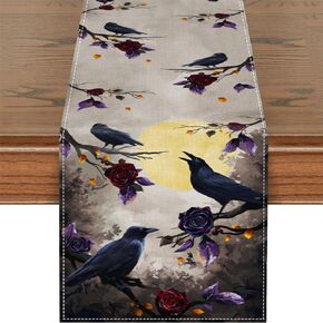 Halloween Owl and Rose Table Runner, 72 Inches Long, Black and White,Seasonal Kitchen Dining Table Decoration for Home Party Decor (13x72 Inch)