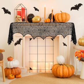 Halloween Fireplace Decoration Mantel Decoration, Cobweb Fireplace Scarf Black Lace Spiderweb Fireplace Mantel Cover for Halloween Party Supplies, Halloween Decorations Indoor Halloween Decor