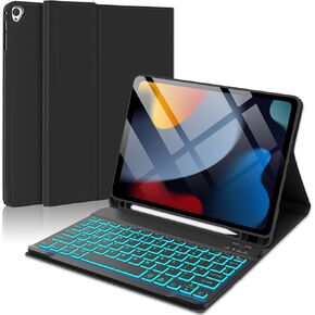 KVAGO iPad 10.2 inch Case with Keyboard - for 9th/8th/7th Generation, 7 Color Backlit Detachable Wireless Keyboard, Slim Smart Case, Built-in Pencil Holder, Black