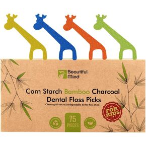 Organic Dental Floss Picks for Kids - Natural Biodegradable Floss Sticks with Strong Bamboo Charcoal Thread & Vegan Corn Starch Handle - No Plastics & No Artificial Flavours