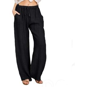 Linen Pants Women Loose Drawstring High Waist Sweatpants Solid Color Trousers with Pockets for Summer Fall