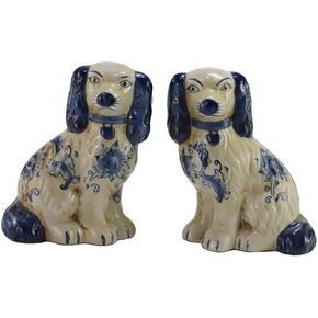 Hand Painted Blue and White Porcelain Dog Pair of Small Figurines Home Décor