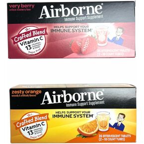 Immune Support Vitamin c chewable Tablets Tablets - Boost Your Health with Airborne effervescent Tablets Zesty Orange Very Berry 36CT Each Combo 2PK