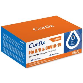 CorDx Tyfast at Home Flu A/B and COVID-19 Test Kit Rapid Antigen Self Testing, Easy Nasal Swab, Fast Results in 10 Minutes, 25 Tests