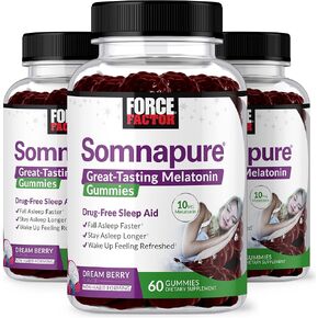 FORCE FACTOR Somnapure Gummies 3-Pack with Melatonin 10mg, Melatonin Gummies, Dream Berry Flavor, 180 Gummies, Purple