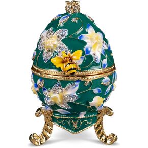 Egg with Bee and Floral Pattern - Green 3.75" Tall Austrian Crystal Jewelry Trinket Box
