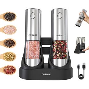 Electric Salt and Pepper Grinder Set 2024 Upgraded Washable Silo and Base, USB Rechargeable, Modern Automatic Pepper Mill Grinder Charging Shakers Stainless Steel One Hand