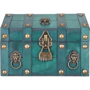 Wooden Treasure Chest, 7.1" x 6.7" x 9.4" Handcrafted Vintage Treasure Storage Box with Lock, Keepsakes Decorative Trunk for Home Decor