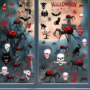 58Pcs Halloween Window Clings, Scary Spider Skeleton Bat Halloween Window Stickers, Halloween Window Decals Halloween Party Decorations for Glass Window Home Indoor Outdoor Decor