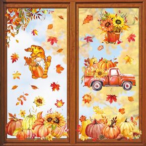 9 Sheets Fall Window Clings Autumn Leaves Pumpkin Gnome Truck Window Stickers Thanksgiving Watercolor Static Reusable Window Decals for Harvest Party Home Office Decor Supplies