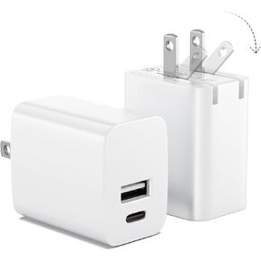USB C Wall Charger Block 20W, 2-Pack Dual Port Wall Charger Adapter with Foldable Plug, Fast Charger for iPhone 15/15 Pro/14/14 Pro Max/13, Galaxy, iPad, Google Pixel, Samsung Galaxy