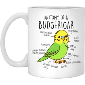 Budgie Coffee Mug, Cute Bird Gift, Pet Parrot Lover, Funny Gift For Her, Him, Blue Parakeet Anatomy Cup, Bird Mom, Dad, Budgerigar Anatomy 11oz, White (MUG-F9GCVKQQWK-11oz)