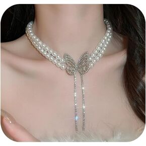 Choker Necklaces For Woman Sparkly Crystal Double Layer Necklace Water Drop Pendant Necklace Jewelry Gift for Women Girls Prom Party Trendy Jewelry
