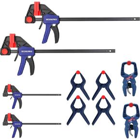 WORKPRO 10-Pack Clamps for Woodworking, 12" & 6" Bar Clamps, 2 Quick-Release Ratcheting Wood Clamps and 4 Spring Clamps, Light Duty F Clamps/Spreader 150 LBS Load Limit