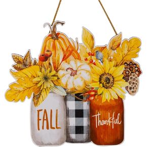 Fall Pumpkin Wooden Sign Decor Front Door Hanging Colorful Rustic Floral Autumn Wall Pediments for Farmhouse Home Porch Outdoor Indoor Seasonal Welcome Sign MY005