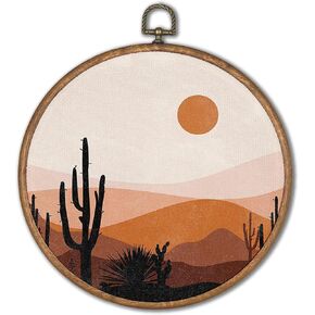 KSDUT Boho Sun Cactus Desert Wall Art Decor - Mid Century Modern decor Textile Wall Art Canvas Frame Hanging Prints, Minimalist Neutral Round Wall Art Decor for Home Bedroom Decorations 8"x8" in Kuwait