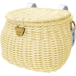 Kids Bike Basket Set, Bike Scooter Tricycle Basket, Childrens Basket Finely Woven Backpack with Lid Shoulder Strap Front Handlebar Basket Rattan Basket for Kids Handlebar Bike Basket