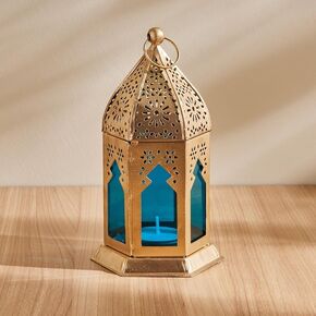 Decorative Gold Metal Lantern with Blue Glass Panels, 17 x 9 cm, Gold/Blue, IRCL1