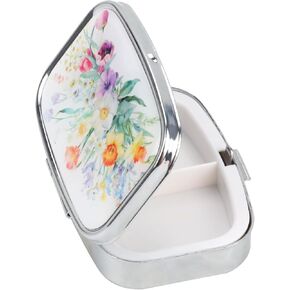 Pill Box Small Metal Pill Case for Purse or Pocket 2 Compartment Medicine Organizer Cute Flower Pill Container Holder with Mirror