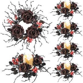 Jexine 6 Pieces Black Halloween Rings 3 Inch Black Twig Wreath Candle Ring Gothic Rose with Glitter Leaves Wreath for Fall Thanksgiving Home Table Centerpieces, Door, Wall, Window Decorations
