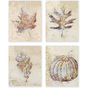 LiTiu Fall Wall Art Prints Decor,Autumn Pumpkin Maple Leaf Vintage 8x10 Inch Poster Set Of 4, Farmhouse Rustic Bedroom Living Room Home Porch Office Fall Themed Decor