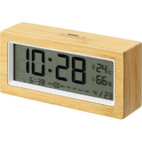 Navaris Digital Alarm Clock for Bedside or Desk with Light & LCD Backlit Display Shows Date Temperature & Humidity - Battery Operated - Bamboo with White Frame
