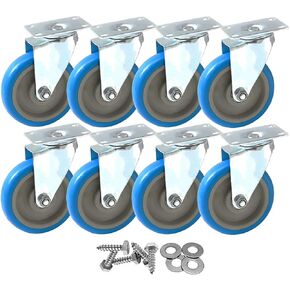 8 Pack 5 Inch Combo Caster Swivel Plate No Brake Plate Heavy Duty on Blue PU Wheels with Heavy Duty Screws
