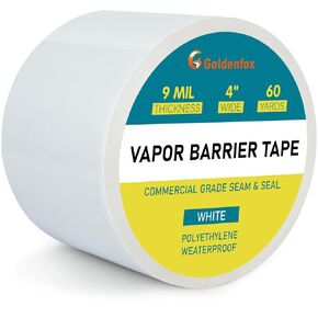 Goldenfox Vapor Barrier Tape, 9 Mil White Polyethylene Moisture and Vapor Barrier Seam Tape for Crawl Spaces, Marine Use, Insulation Repair, Underlayment & More, Waterproofing，4'' x 180',1 Pack