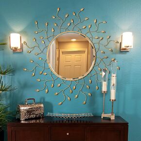 Chende 39" x 39" Gold Decorative Wall Mirror, Large Living Room Mirror with Metal Leaves, Round Mirror with Gold Frame for Entrance, Dining Room, Bedroom