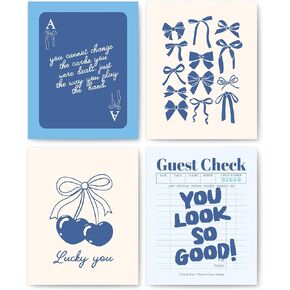 okaxscm Navy Coquette Trendy Preppy Wall Art Prints Set of 4, Coquette Room Decor, Preppy Room Decor Aesthetic, Blue Cherry Bow Wall Decor Posters for Girls Bedroom Dorm, 8x10 Unframed
