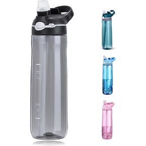 DEARART 24oz Water Bottles With Straw, 100% Leakproof BPA FREE Hidden Nozzle, Flip Up Lid Clear Water Bottle With Handle, Wide Bottle Easy Clear, Suit Office Sports Travel Gym Yoga, Black