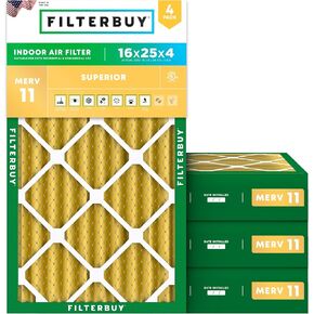 Filterbuy 16x25x4 Air Filter MERV 11 Allergen Defense (4-Pack), Pleated HVAC AC Furnace Air Filters Replacement (Actual Size: 15.50 x 24.50 x 3.63 Inches)