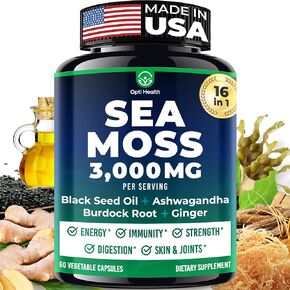 Sea Moss Black Seed Oil Ashwagandha Ginger - Advanced Irish Sea Moss Capsules All in One Supplement with Seamoss Black Seed Oil Ashwagandha Burdock Root Bladderwrack - Pills for Energy, Immune, Gut