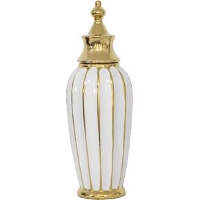 Modern decorative ceramic bottle with lid, white glazed surface, gold lid, slender bottle body can be matched with desktop decoration (Medium)